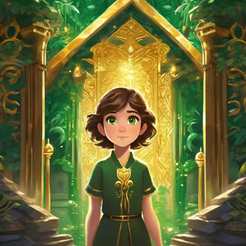Brown hair, sparkling green eyes and Mysterious, with piercing golden eyes's discovery of the forgotten temple, encounter with an ancient being, and the revelation of the Shapeshifter's destiny.