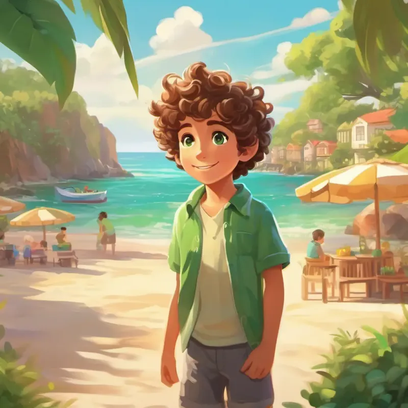 Introducing A young boy with curly brown hair and playful green eyes and Seabreeze Cove, a sunny beach town with sparkling water.