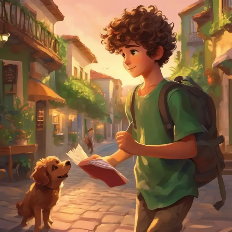 A young boy with curly brown hair and playful green eyes finds an invitation to the 'Seaside Soiree' and rushes home to get ready.