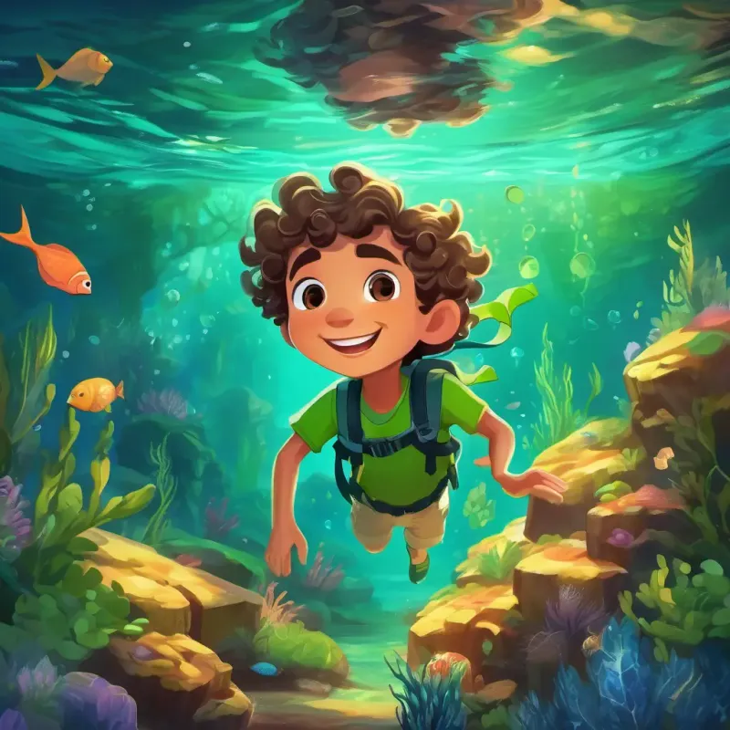 A young boy with curly brown hair and playful green eyes dresses up and dives into the magical underwater grotto for the party.