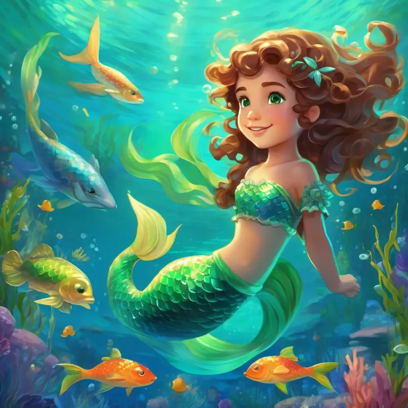 A young boy with curly brown hair and playful green eyes meets the mermaid queen, The mermaid queen with shimmering blue scales and kind, sparkling sea-green eyes, and her underwater friends.