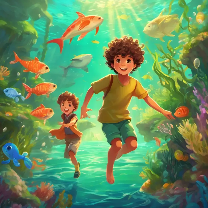 A young boy with curly brown hair and playful green eyes dances and has fun with the sea creatures at the lively party.