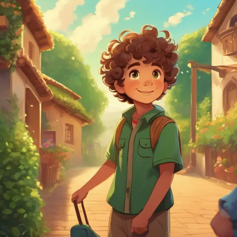 A young boy with curly brown hair and playful green eyes says goodbye to his new friends and promises to visit again, eager to share his wonderful memories.