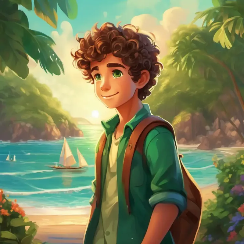 A young boy with curly brown hair and playful green eyes treasured his adventures at Seabreeze Cove and the magical 'Seaside Soiree'.