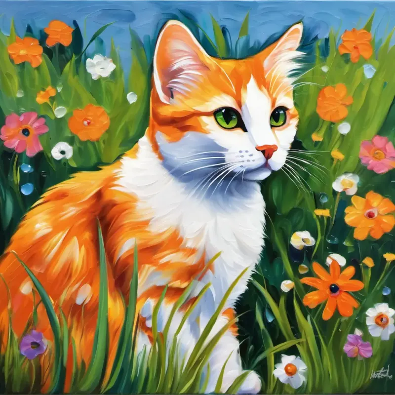 Picture of Marbles is a little cat with orange fur, round eyes, and white paws the cat, with big round eyes, orange fur, and white paws. Marbles is a little cat with orange fur, round eyes, and white paws is sitting outside, surrounded by tall green grass and colorful flowers.