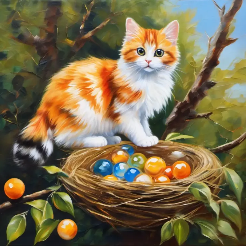 Picture of Marbles is a little cat with orange fur, round eyes, and white paws looking up at the tall tree with a bird's nest. The birds are small and fluffy, with bright feathers.