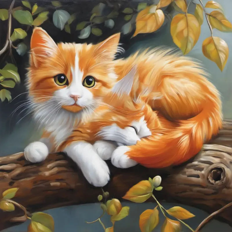 Picture of Marbles is a little cat with orange fur, round eyes, and white paws hanging on a branch, with Dog is a friendly and helpful companion with brown fur and floppy ears below, ready to catch him. Marbles is a little cat with orange fur, round eyes, and white paws looks scared and Dog is a friendly and helpful companion with brown fur and floppy ears looks worried.