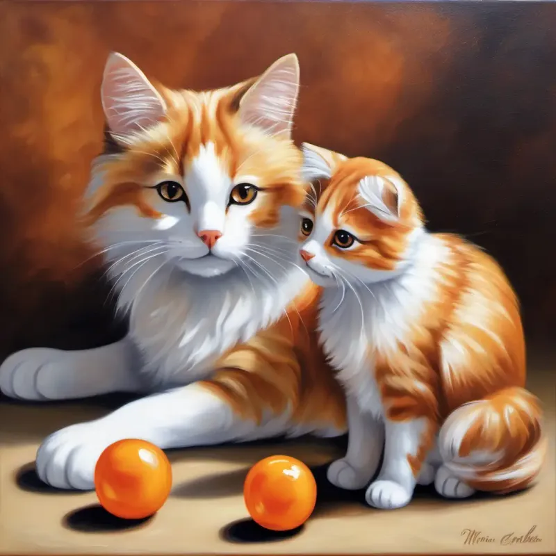 Picture of Marbles is a little cat with orange fur, round eyes, and white paws and Dog is a friendly and helpful companion with brown fur and floppy ears sitting together. Marbles is a little cat with orange fur, round eyes, and white paws looks grateful and is patting Dog is a friendly and helpful companion with brown fur and floppy ears's head.