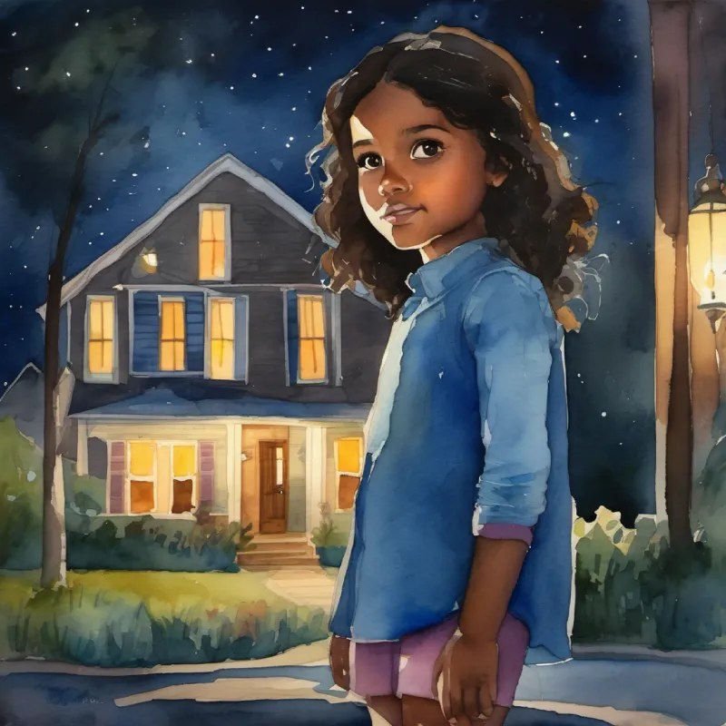 Introducing Young girl, curious eyes, brown skin, dark hair, little blue house, night setting