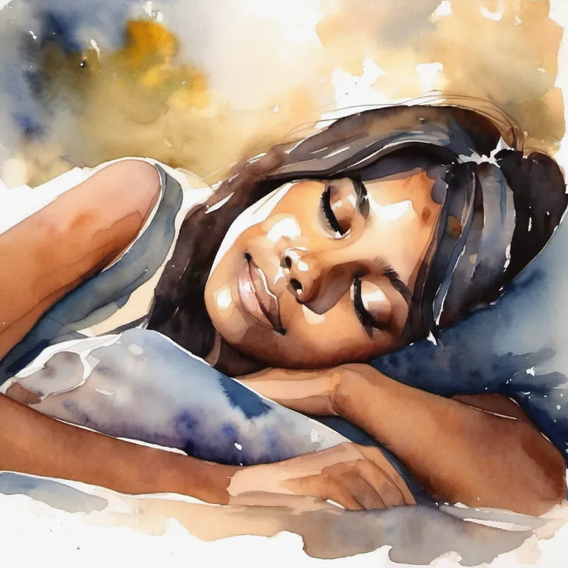 Young girl, curious eyes, brown skin, dark hair asleep, dreaming positively about night friends