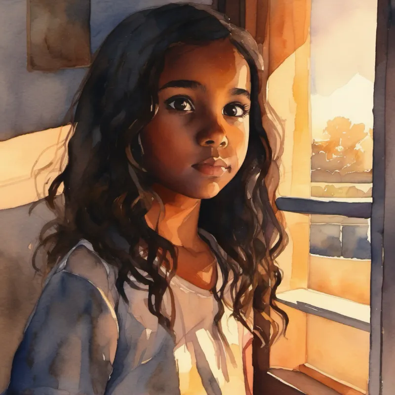 Sunset, Young girl, curious eyes, brown skin, dark hair's room gets darker, shadows appear, Young girl, curious eyes, brown skin, dark hair's wish