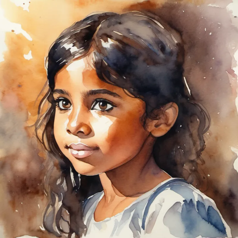 Young girl, curious eyes, brown skin, dark hairs twinkling, implying a friendly presence
