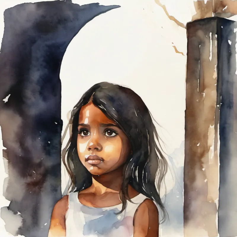 Young girl, curious eyes, brown skin, dark hair feeling braver, reevaluating her fear of the dark