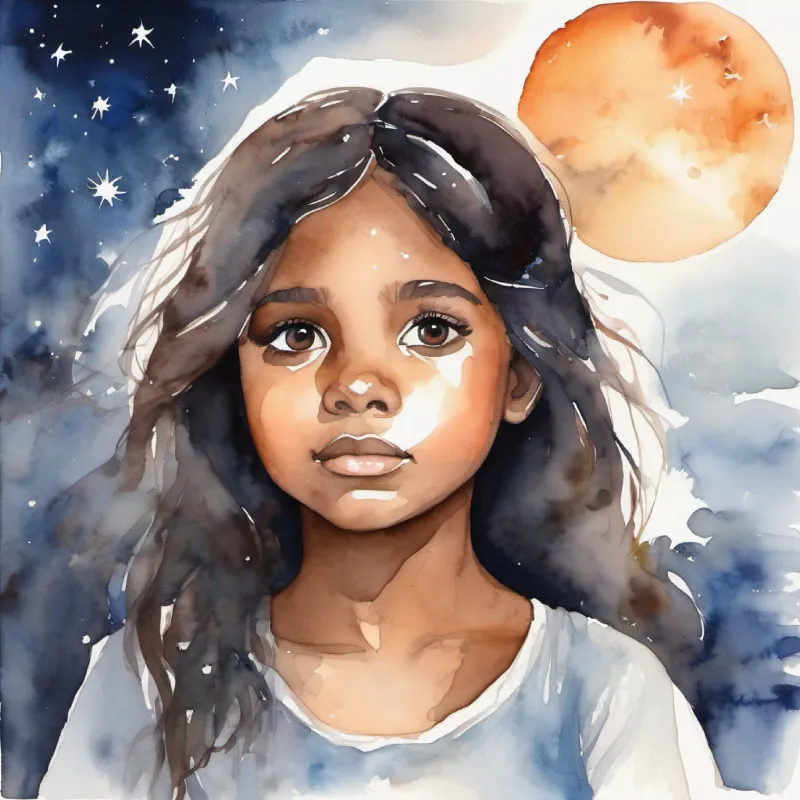 Young girl, curious eyes, brown skin, dark hair ready for bed, considering the night sky