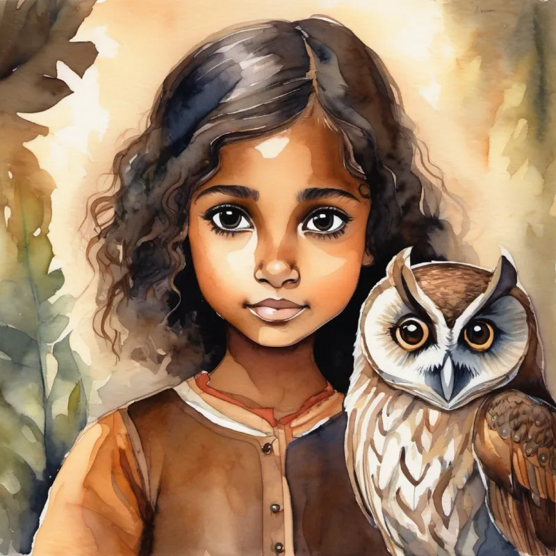 Young girl, curious eyes, brown skin, dark hair comforted by Wise owl, large eyes, brown feathers, saying goodnight