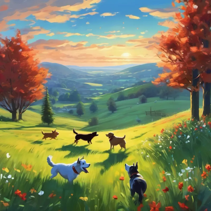 Describing the meadow's vastness and the dogs playing.