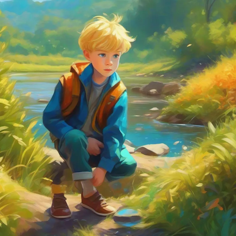 Curious boy with golden hair and sparkly blue eyes finding a shiny object near a river, bright colors