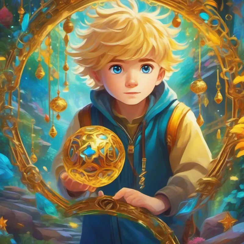 Curious boy with golden hair and sparkly blue eyes wearing the magical amulet with colorful surroundings