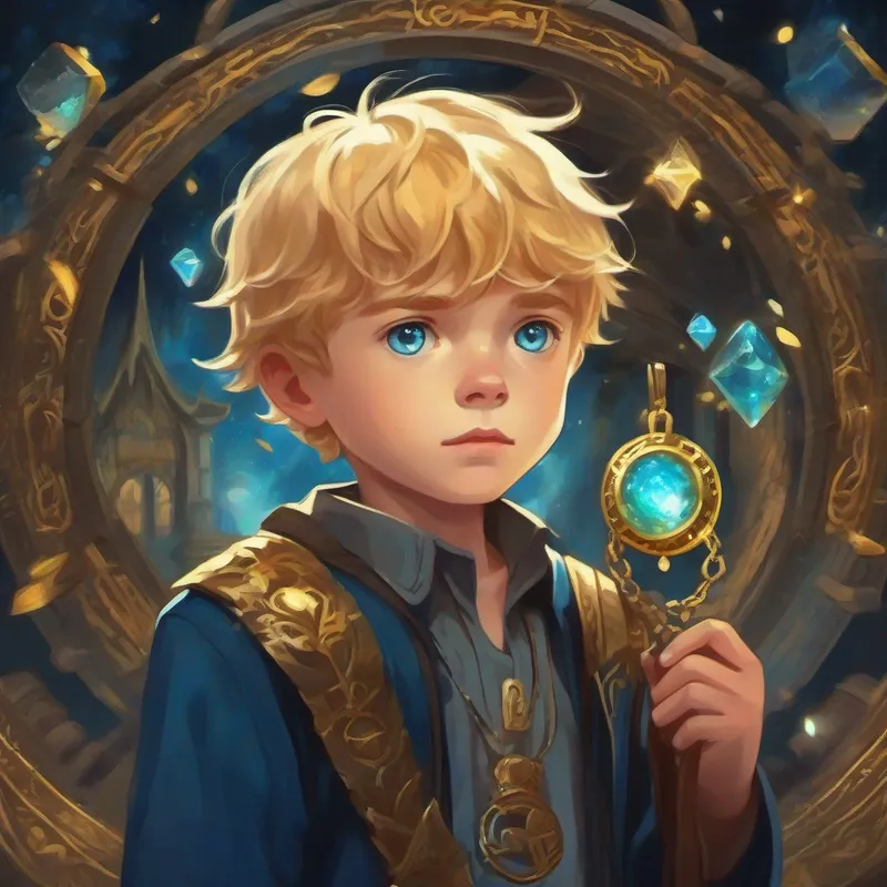 Curious boy with golden hair and sparkly blue eyes facing challenges with the magical amulet, dark colors