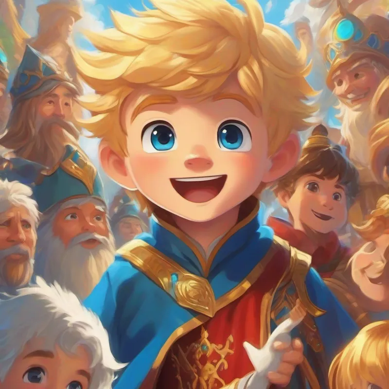 Curious boy with golden hair and sparkly blue eyes defeating the sorcerer and the king and queen thanking him, jubilant colors