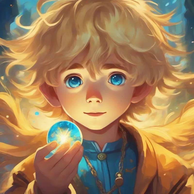 Curious boy with golden hair and sparkly blue eyes saying goodbye and holding the amulet, nostalgic colors