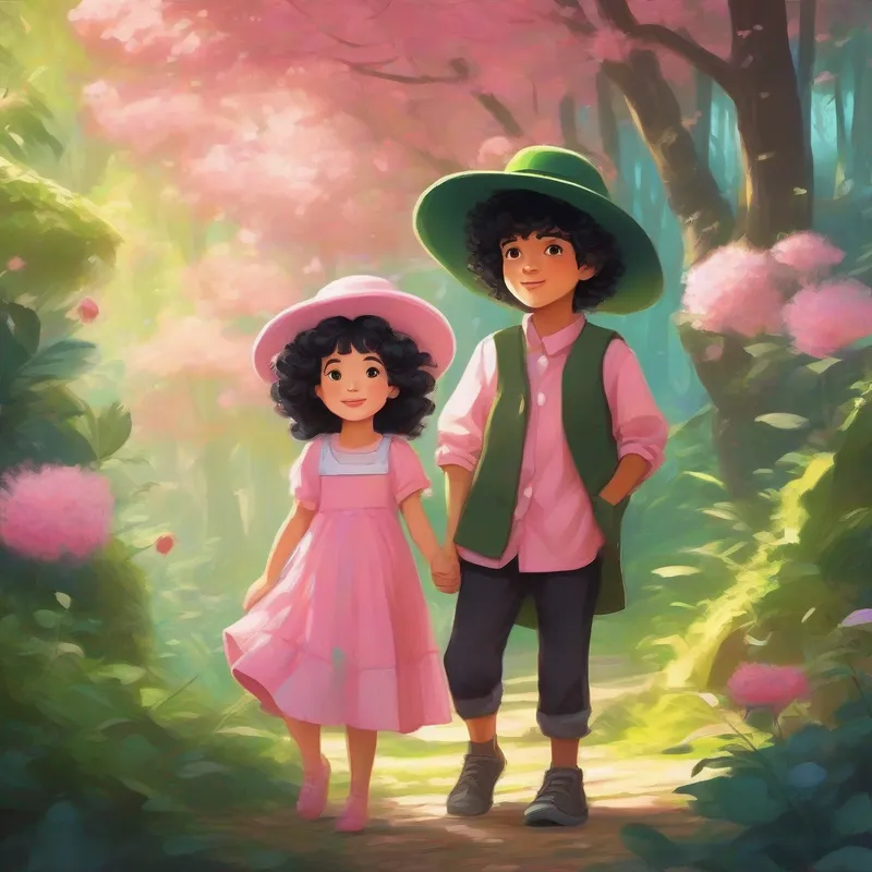 Curly-haired girl wearing a pink dress and Black-haired boy with a green hat in a sunny magical forest