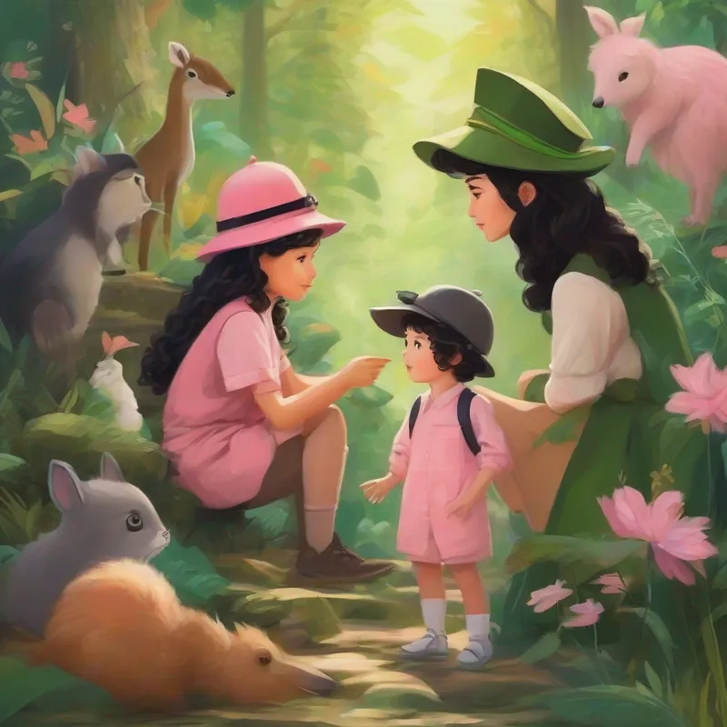 Curly-haired girl wearing a pink dress and Black-haired boy with a green hat talking to forest animals