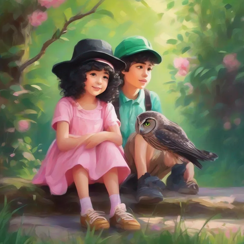 Curly-haired girl wearing a pink dress, Black-haired boy with a green hat, and owl discussing friendship