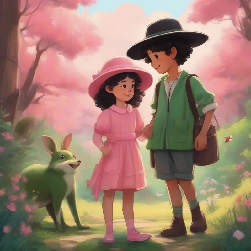 Curly-haired girl wearing a pink dress and Black-haired boy with a green hat saying goodbye to forest friends