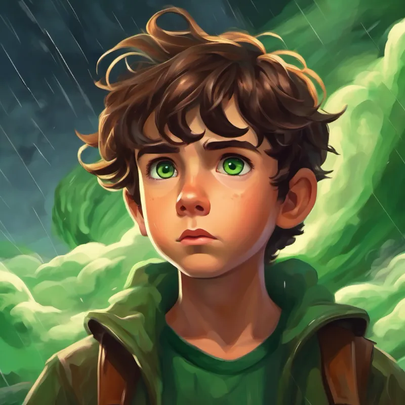 Curious boy, short brown hair, green eyes, daring expression observes the storm, tornado in the background.