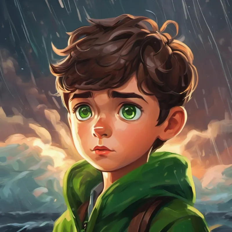 Curious boy, short brown hair, green eyes, daring expression realizes his connection to the storm.
