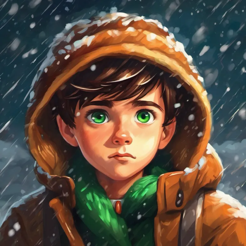 Curious boy, short brown hair, green eyes, daring expression embraces his fate in the storm.