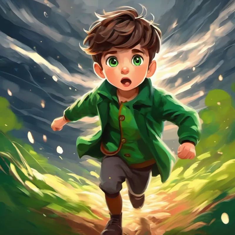Curious boy, short brown hair, green eyes, daring expression brave, stepping into storm.