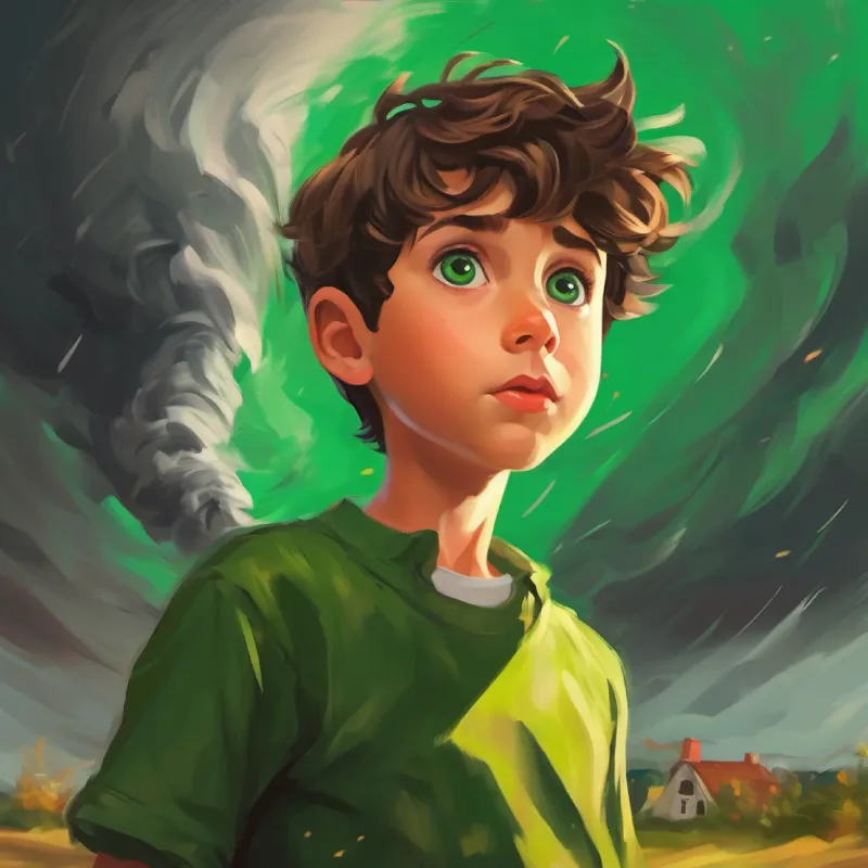 Curious boy, short brown hair, green eyes, daring expression drawn to the tornado.