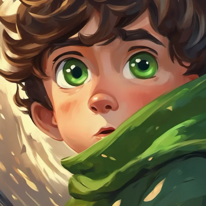 Curious boy, short brown hair, green eyes, daring expression communicates with the tornado.