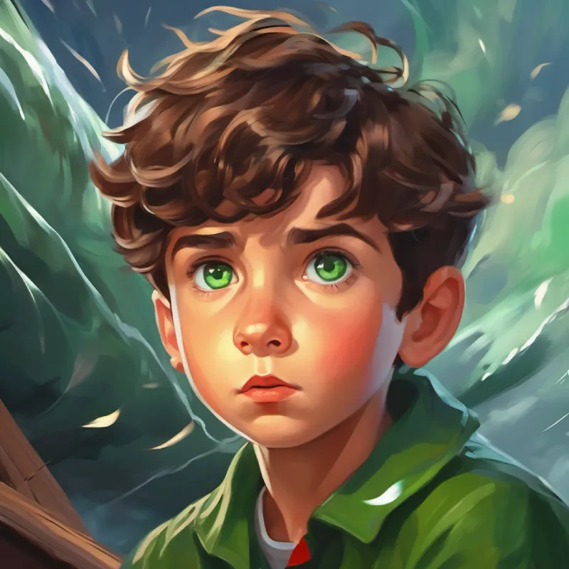 Curious boy, short brown hair, green eyes, daring expression partially enveloped by the tornado.