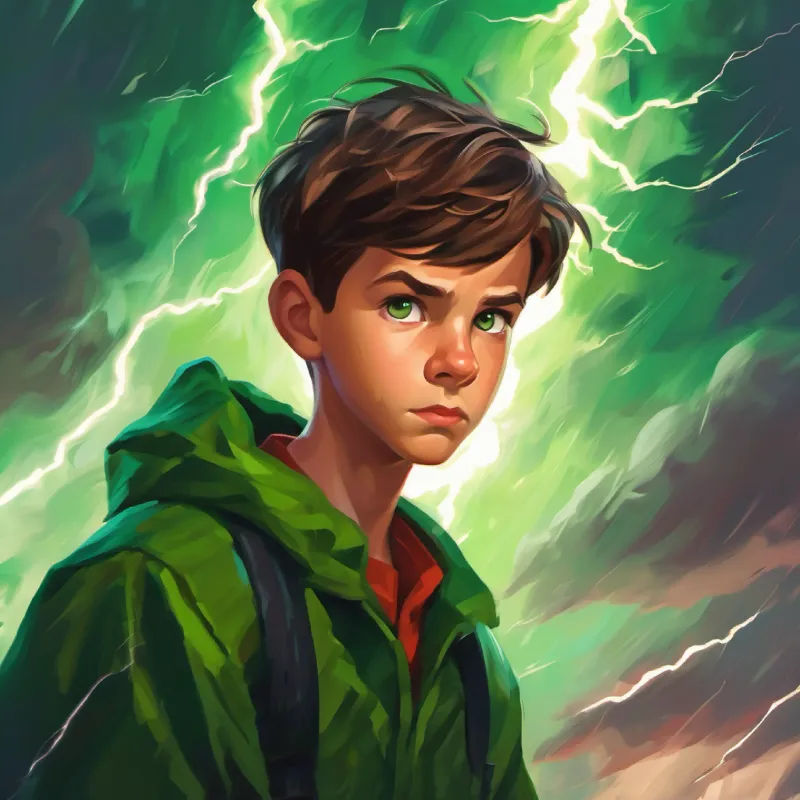Intense storm action, lightning surrounds Curious boy, short brown hair, green eyes, daring expression.