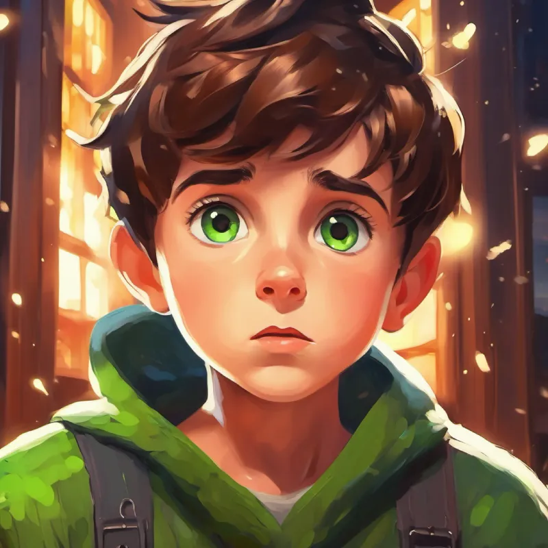 Curious boy, short brown hair, green eyes, daring expression feels a shock, hears thunder.