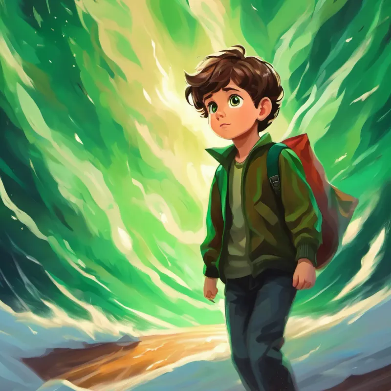 Curious boy, short brown hair, green eyes, daring expression experiences the storm's power.