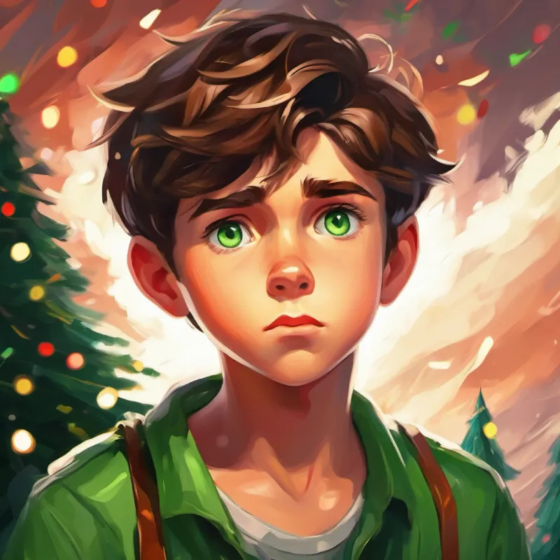 Curious boy, short brown hair, green eyes, daring expression conflicted, storm's rage imminent.