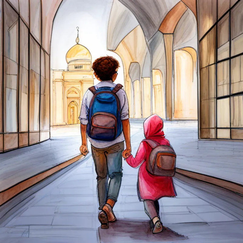 Asma, a little girl wearing a pink hijab and Ali, a boy with glasses and a backpack entering the Future Museum