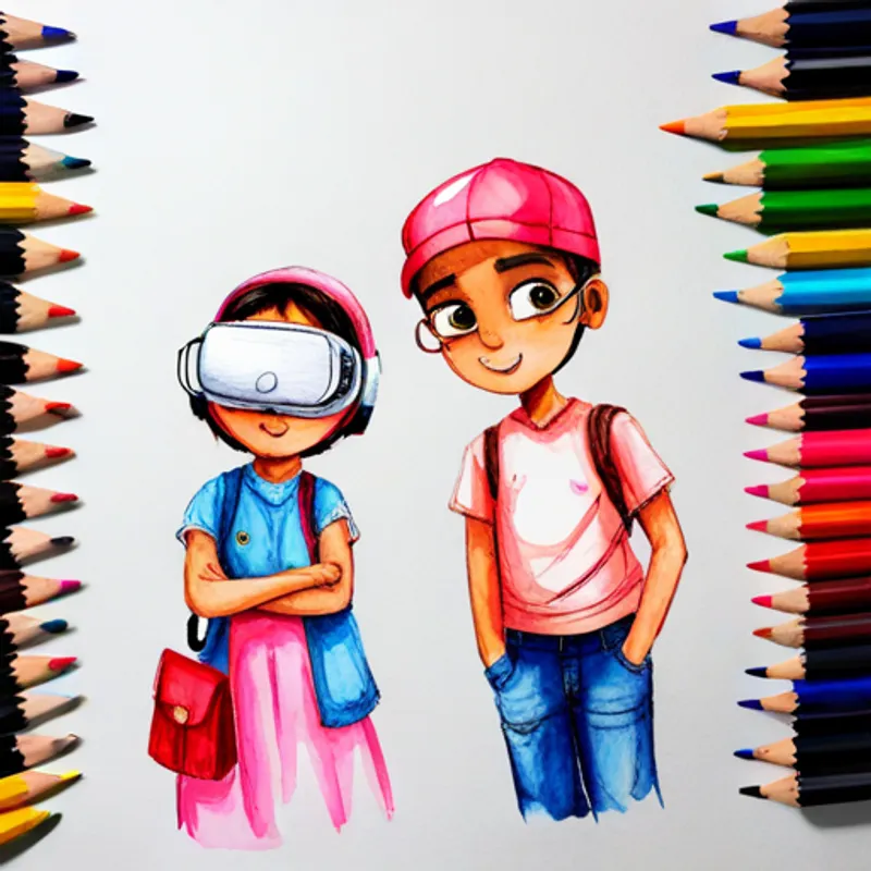 Asma, a little girl wearing a pink hijab and Ali, a boy with glasses and a backpack wearing virtual reality headsets