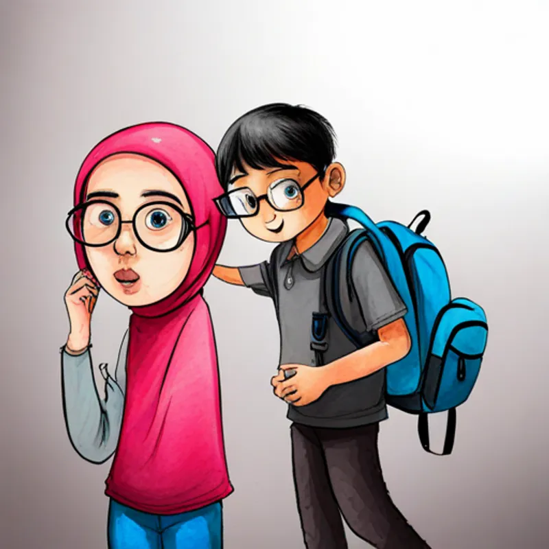 Asma, a little girl wearing a pink hijab and Ali, a boy with glasses and a backpack looking surprised in the dark section