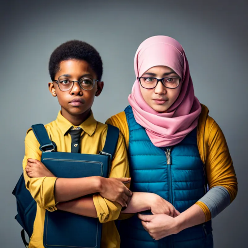 Asma, a little girl wearing a pink hijab and Ali, a boy with glasses and a backpack holding a toolbox looking determined