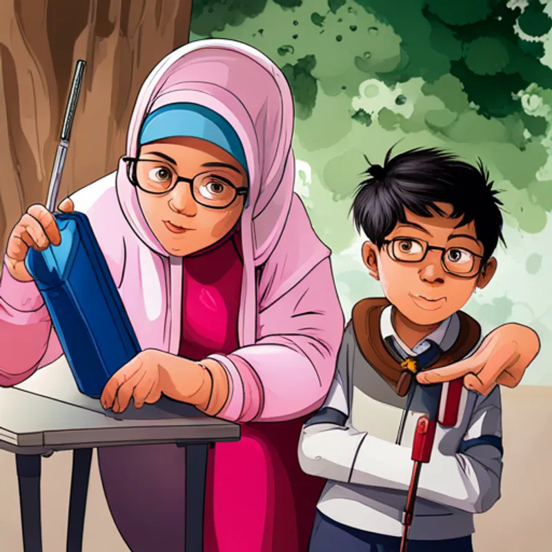 Asma, a little girl wearing a pink hijab and Ali, a boy with glasses and a backpack reconnecting a wire with a screwdriver