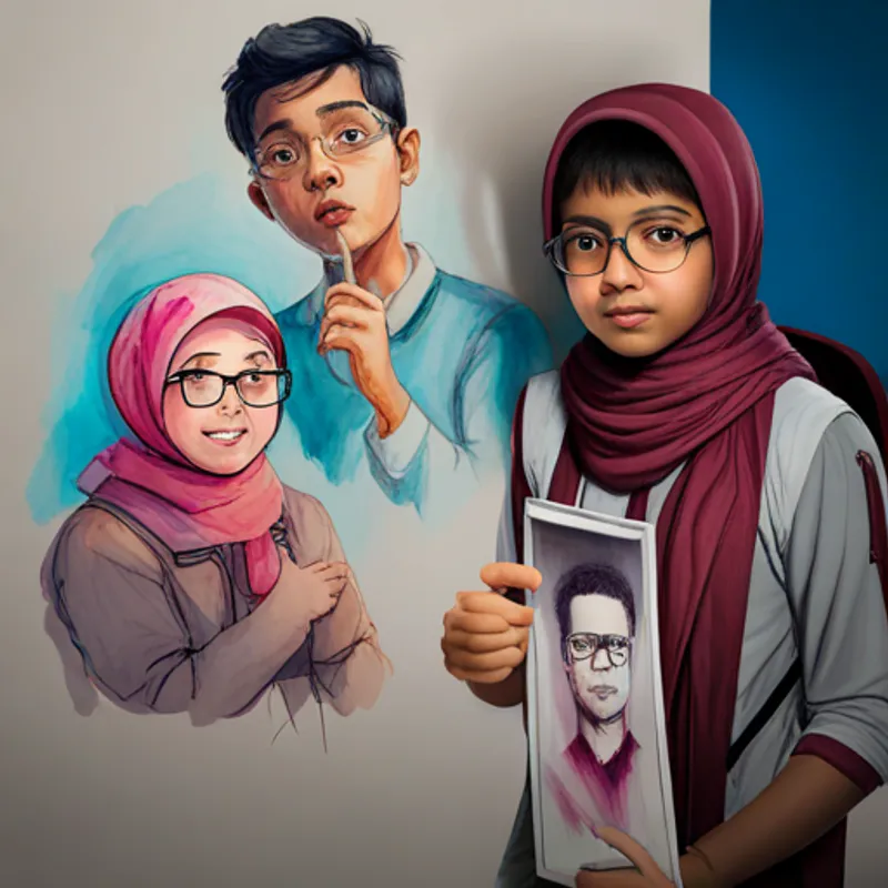Asma, a little girl wearing a pink hijab and Ali, a boy with glasses and a backpack amazed by a floating hologram