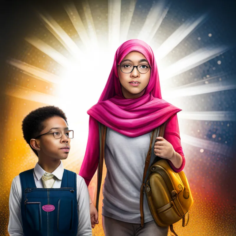 Asma, a little girl wearing a pink hijab and Ali, a boy with glasses and a backpack pointing at a flickering hologram