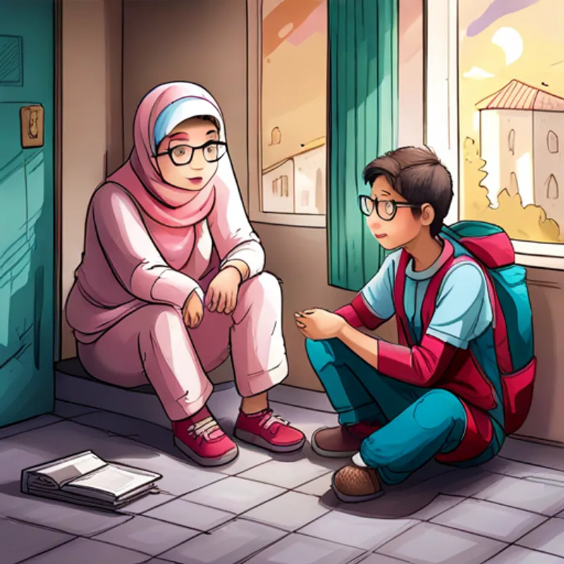 Asma, a little girl wearing a pink hijab and Ali, a boy with glasses and a backpack talking to a technician wearing glasses