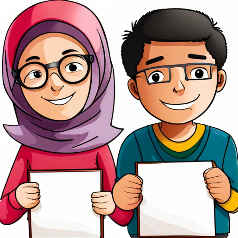 Asma, a little girl wearing a pink hijab and Ali, a boy with glasses and a backpack smiling and holding hands
