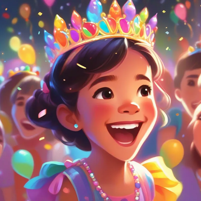 Happy, excited, wearing a colorful party dress and a sparkly tiara.'s surprise birthday party, filled with joy and colors.